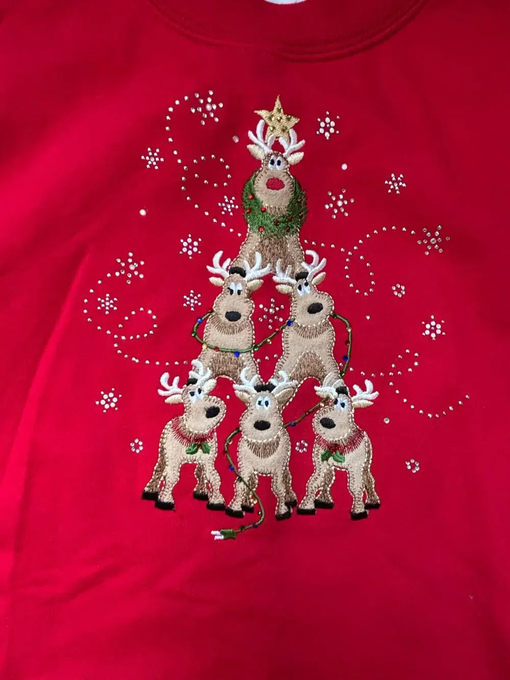 Ugly Christmas Sweater Party Sweatshirt Womens 2XL Red Reindeer Tree Decorated